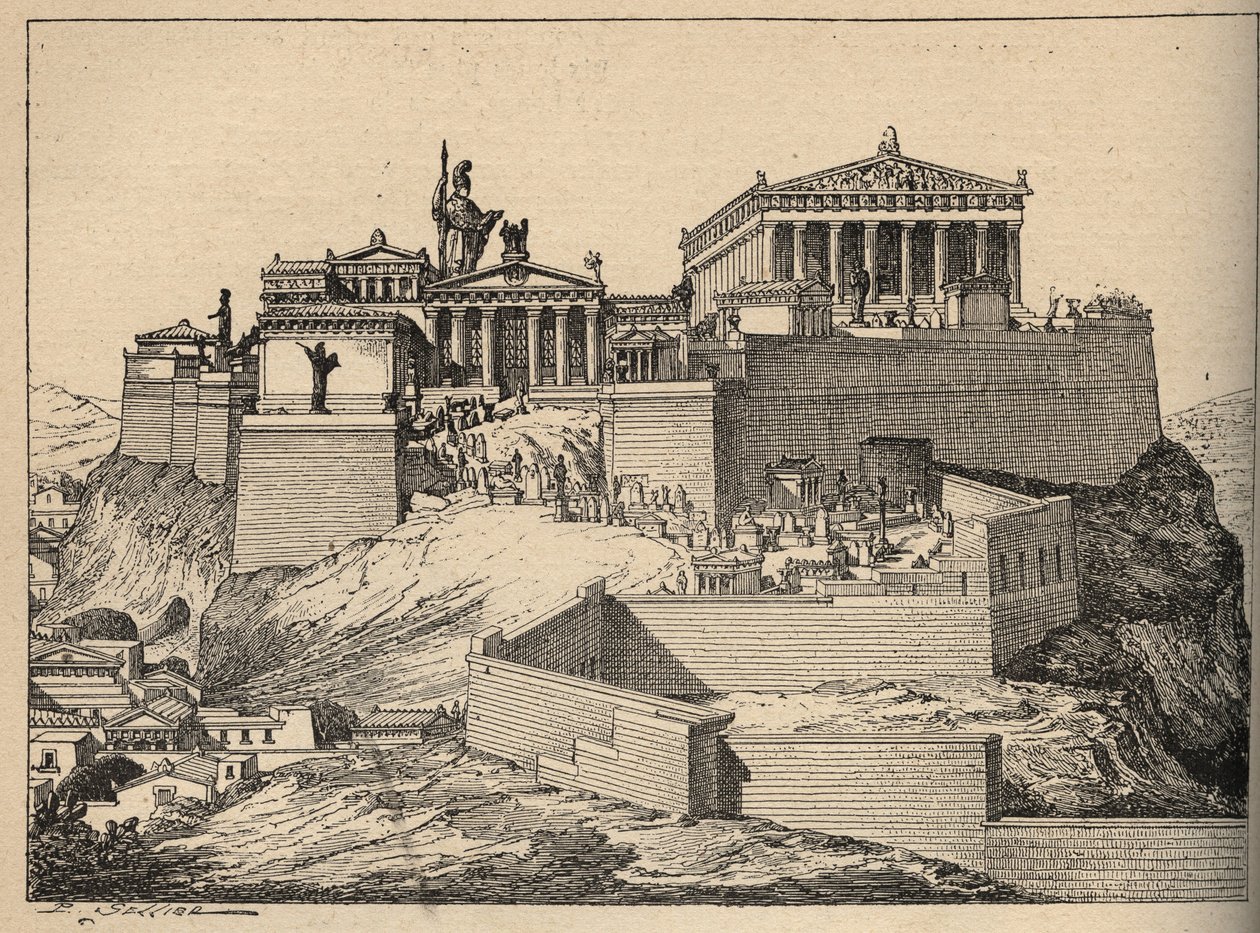 Oud Griekenland: het Parthenon, tempel van Athena, op de heuvel van de Akropolis van Athene - gravure 1890 door Anonymous Anonymous