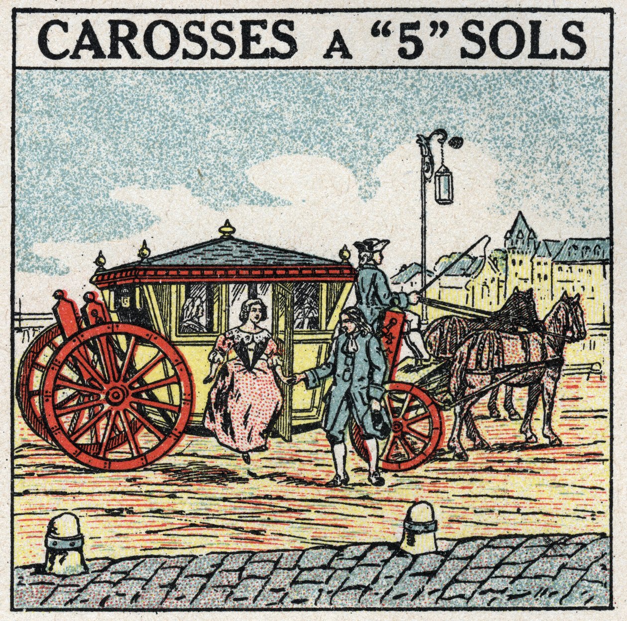 Dierlijke tractie: een koets met 5 verdiepingen, een vervoermiddel gereserveerd voor de bourgeoisie onder Lodewijk XIV in Frankrijk. Anonieme illustratie uit 1925. Privécollectie. door Anonymous Anonymous