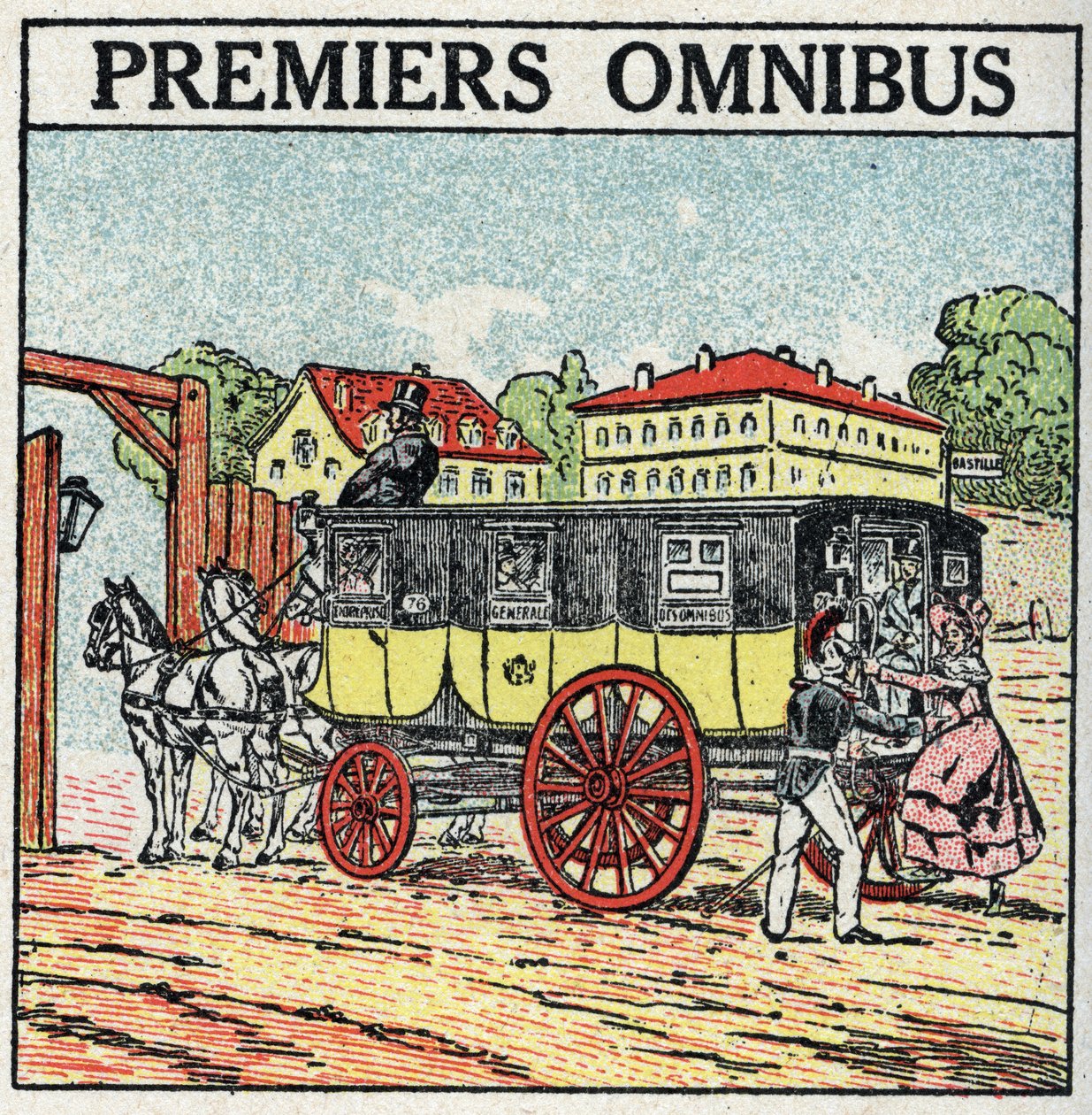 Dierlijke tractie: eerste omnibus verscheen in Frankrijk onder Karel X (1824-1830). Anonieme illustratie uit 1925. Privécollectie. door Anonymous Anonymous