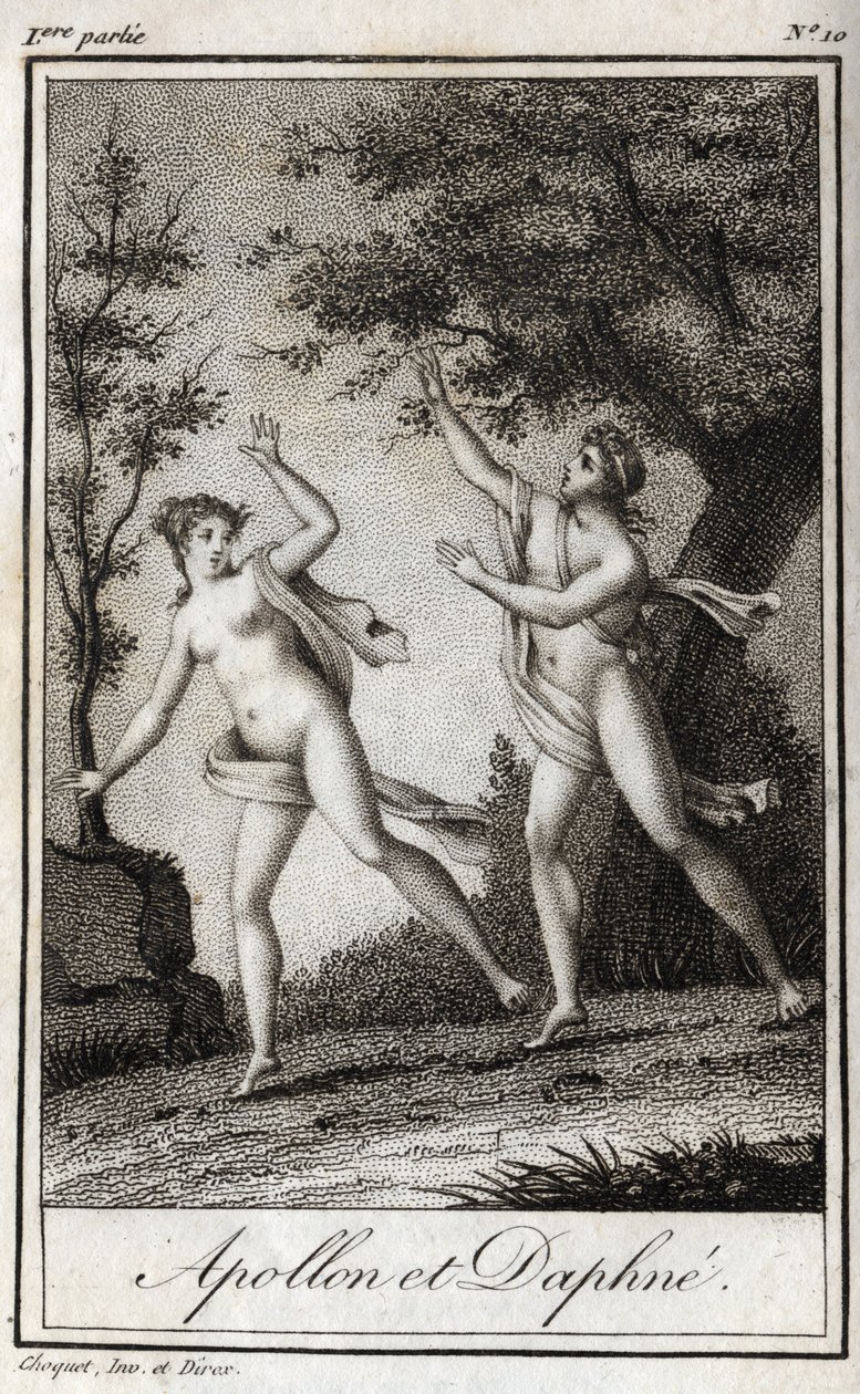 Apollo en Daphne. De nimf Daphne verandert in een laurier om aan Apollo te ontsnappen. Gravure uit 1819 in "Lettres à Emilie sur la mythologie" door Charles Albert Demoustier (1760-1801). Privécollectie. door Anonymous Anonymous