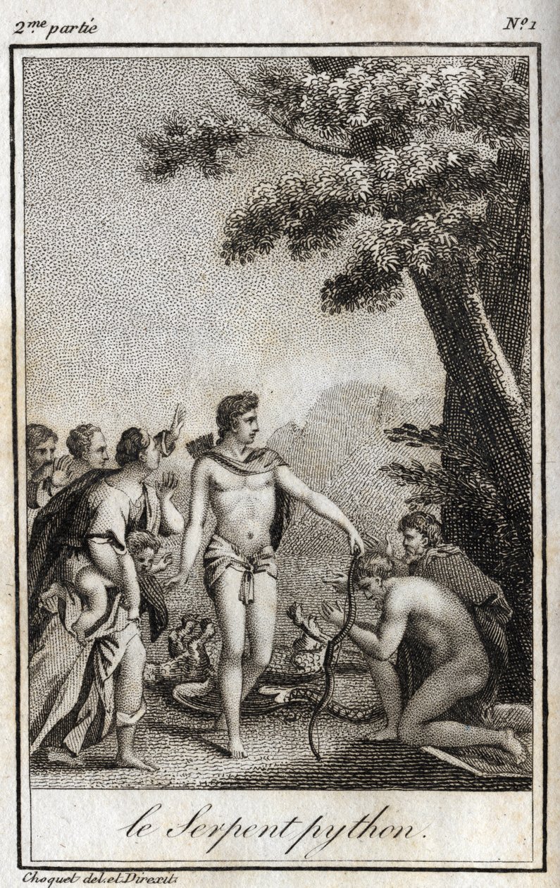 Apollo en de Python-slang op de berg Parnassus. Gravure uit 1819 in 