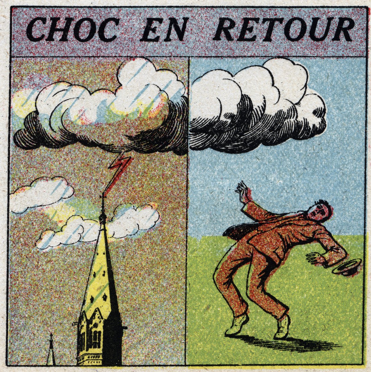 Atmosferische elektriciteit: schok in retour. Een man wordt geëlektrocuteerd omdat hij zich in het invloedveld van een bliksemzone bevindt. Anonieme illustratie uit 1925. Privécollectie. door Anonymous Anonymous