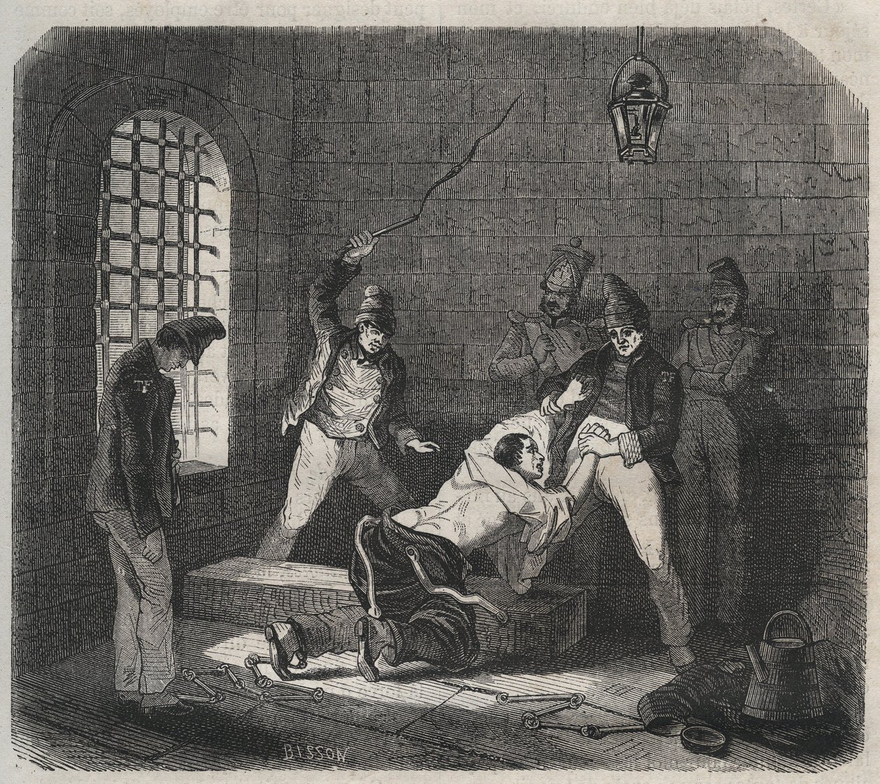 Bagne van Brest: geseling. Gravure in “Histoire des bagnes depuis leur création à nos jours” (1877). Privécollectie door Anonymous Anonymous