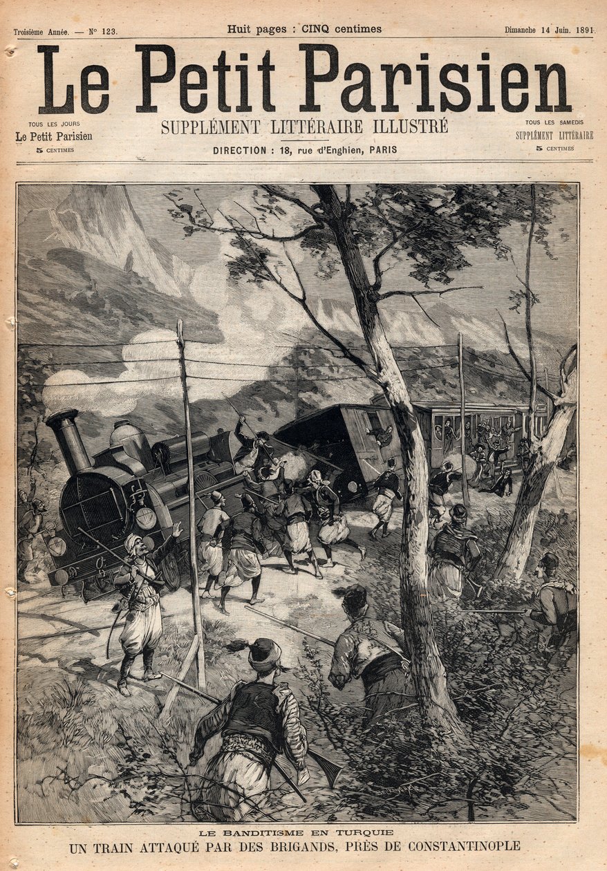 Banditisme in Turkije, een trein aangevallen door rovers nabij Constantinopel. Gravure in 