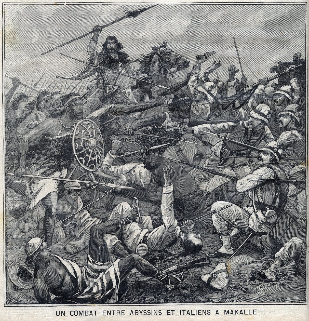 Slag tussen de Abessijnen van Menelik II en de Italianen in Makalle, Ethiopië. Gravure in 