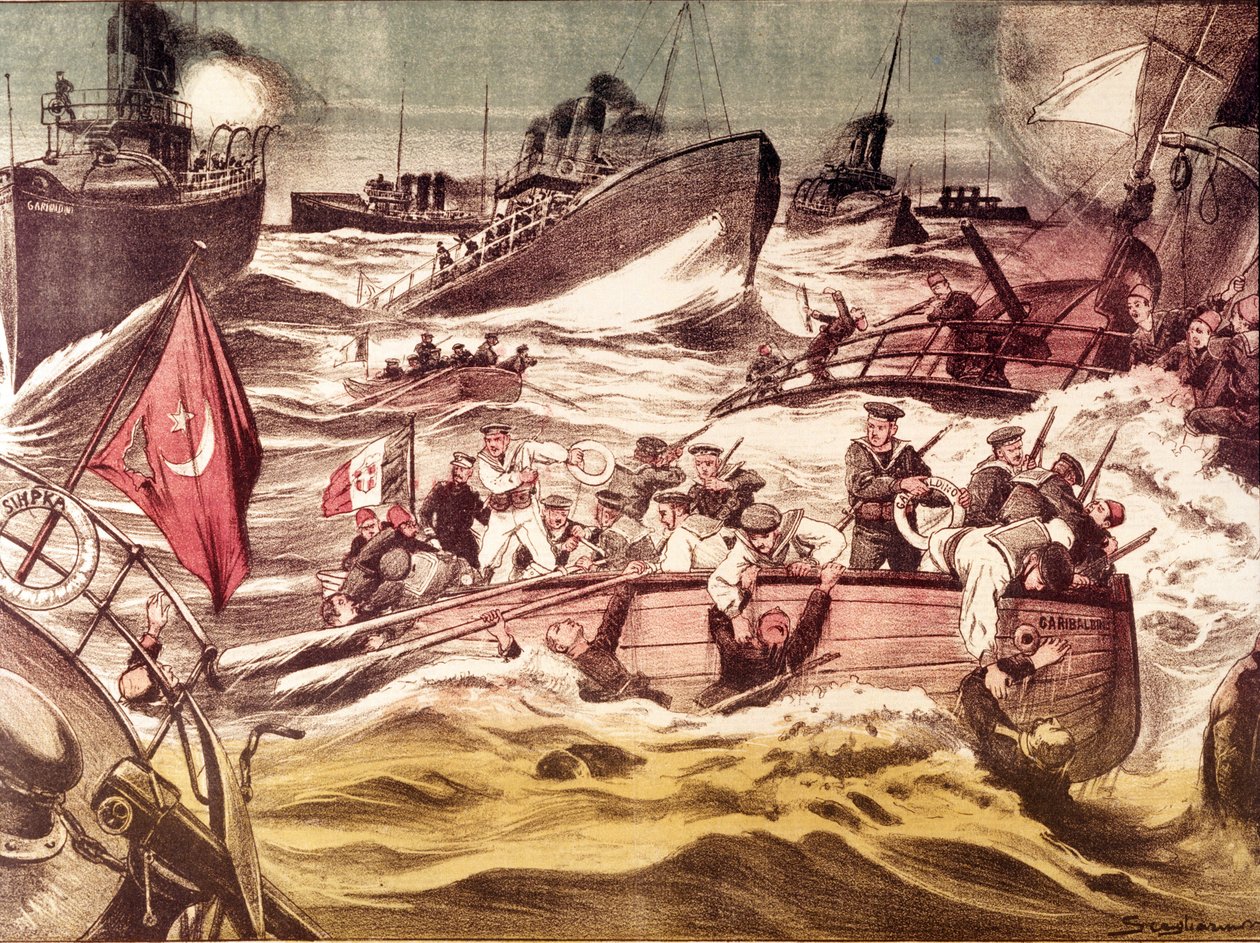 Slag bij Kunfuda: zeeslag gevochten op 7 en 8 januari 1912, tijdens de Italiaans-Turkse Oorlog (1911-1912), in de Rode Zee, voor de haven van Kunfuda, Saoedi-Arabië. door Anonymous Anonymous