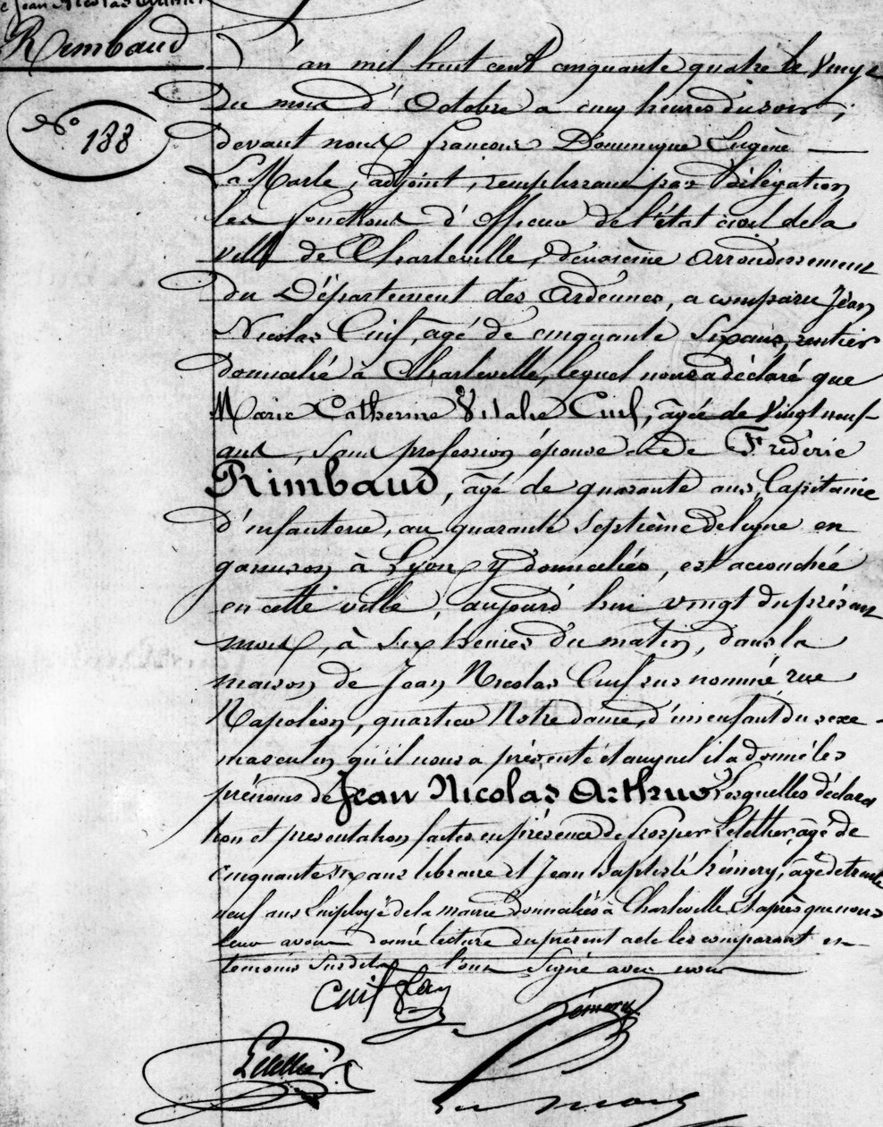 Geboorteakte van Arthur Rimbaud (1854-1891), Franse dichter Charleville, Musee Rimbaud. door Anonymous Anonymous