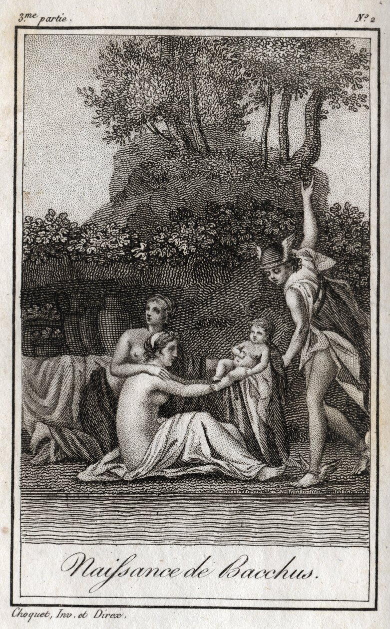 Geboorte van Bacchus, zoon van Jupiter en Semele. Gravure uit 1819 in 