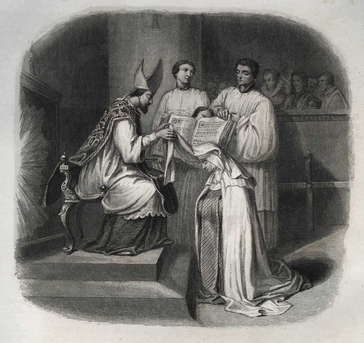 Zalige Maria van de Incarnatie (Jeanne Avrillot) (1566-1618) Franse mystica ontvangt de Carmelitensluier in 1614. Gravure uit 1846 in 