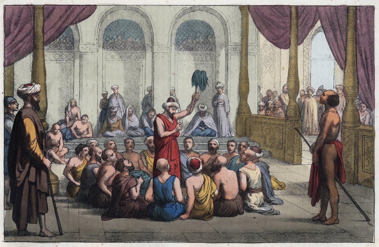 Brahmanen zingen lofliederen voor de god Rama - gravure uit Usi e Costumi di Tutti i Popoli dell