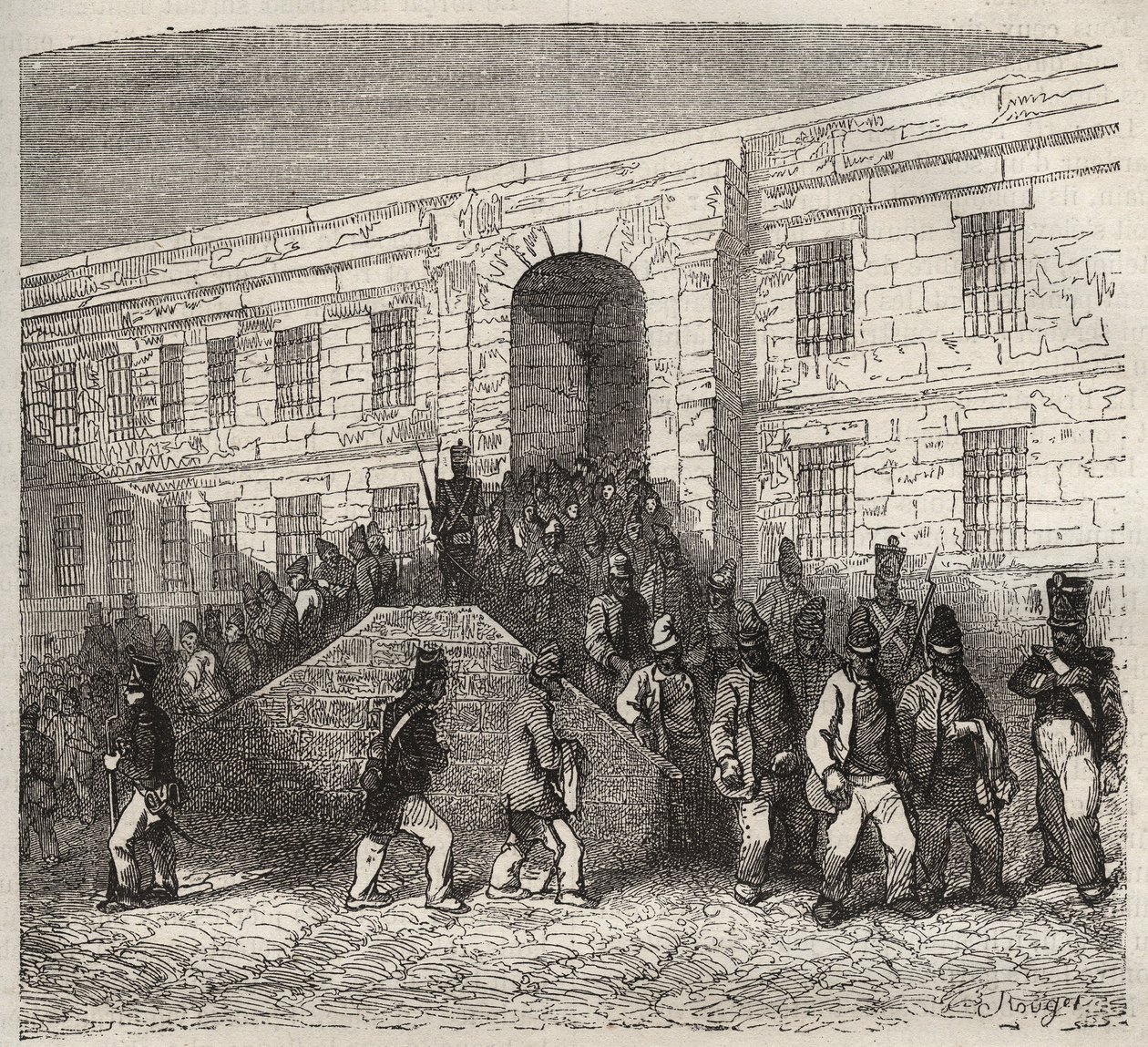 Bagne van Brest in de 19e eeuw. Gravure in “Histoire des bagnes depuis leur création à nos jours” (1877). Privécollectie door Anonymous Anonymous