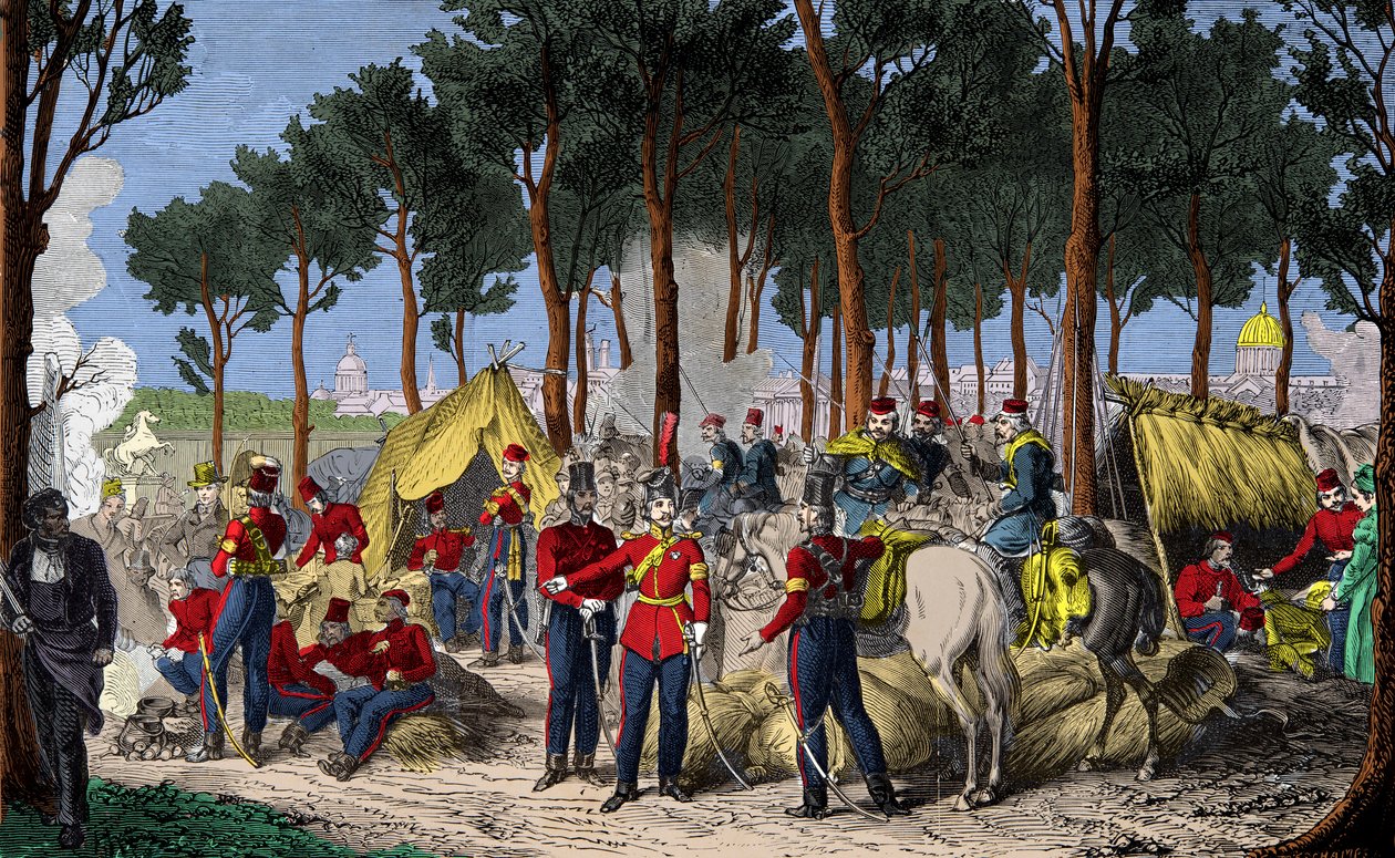Kampement van Russische en Engelse troepen op de Champs Elysees in Parijs in juli 1815 na de nederlaag van Napoleon I, gravure, privécollectie door Anonymous Anonymous