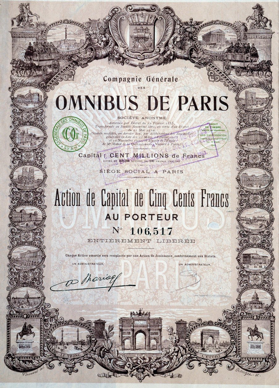 Aandeel van 500 Francs in de Parijse omnibus, 20e eeuw door Anonymous Anonymous
