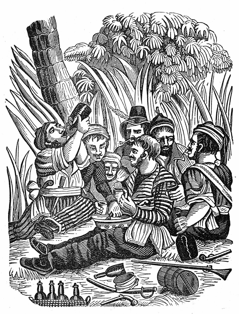 De bemanning van kapitein Bartholomew Roberts rust uit bij de rivier de Oude Calabar, eind 17e eeuw. Gravure uit “The pirate own book” 1837 door Anonymous Anonymous