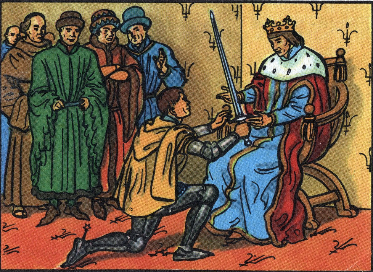 Karel V de Wijze (1338-1380) overhandigt plechtig het zwaard van connetable aan Bertrand du Guesclin (1320-1380). Anonieme illustratie in “Collection des souverains et chefs d