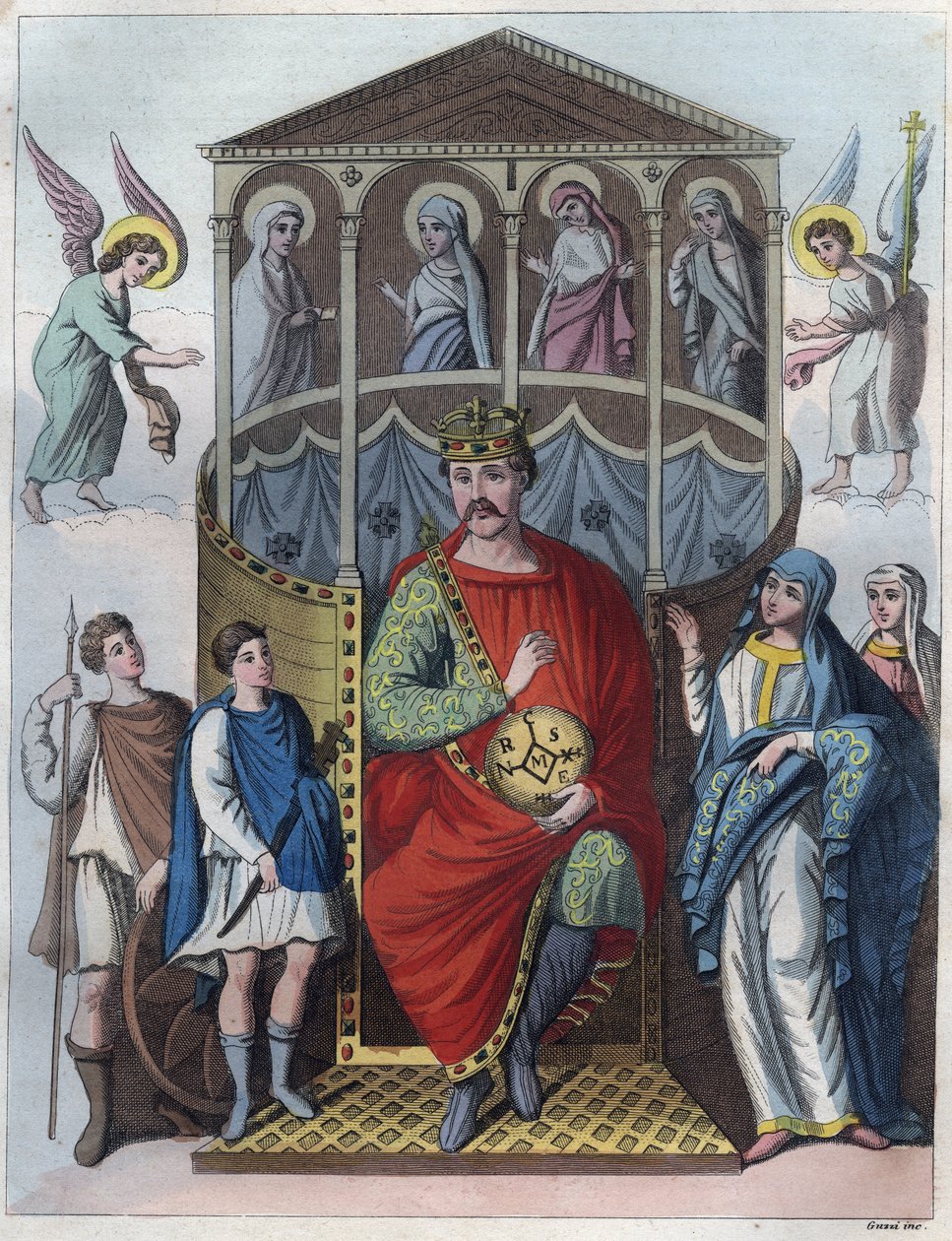 Karel de Kale, Koning van West-Francië, Italië en Heilig Roomse Keizer, 823 - Portret van Karel II de Kale (823 - 877), Koning van Frankrijk gravure uit 
