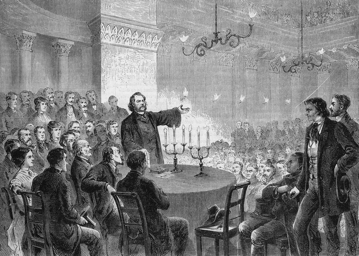 Conferentie van hervormer Johannes (Jean) Ronge (1813-1887) in Wenen in 1868. Hij stichtte de Universele Christelijke Kerk. Gravure uit 1868. Privécollectie. door Anonymous Anonymous