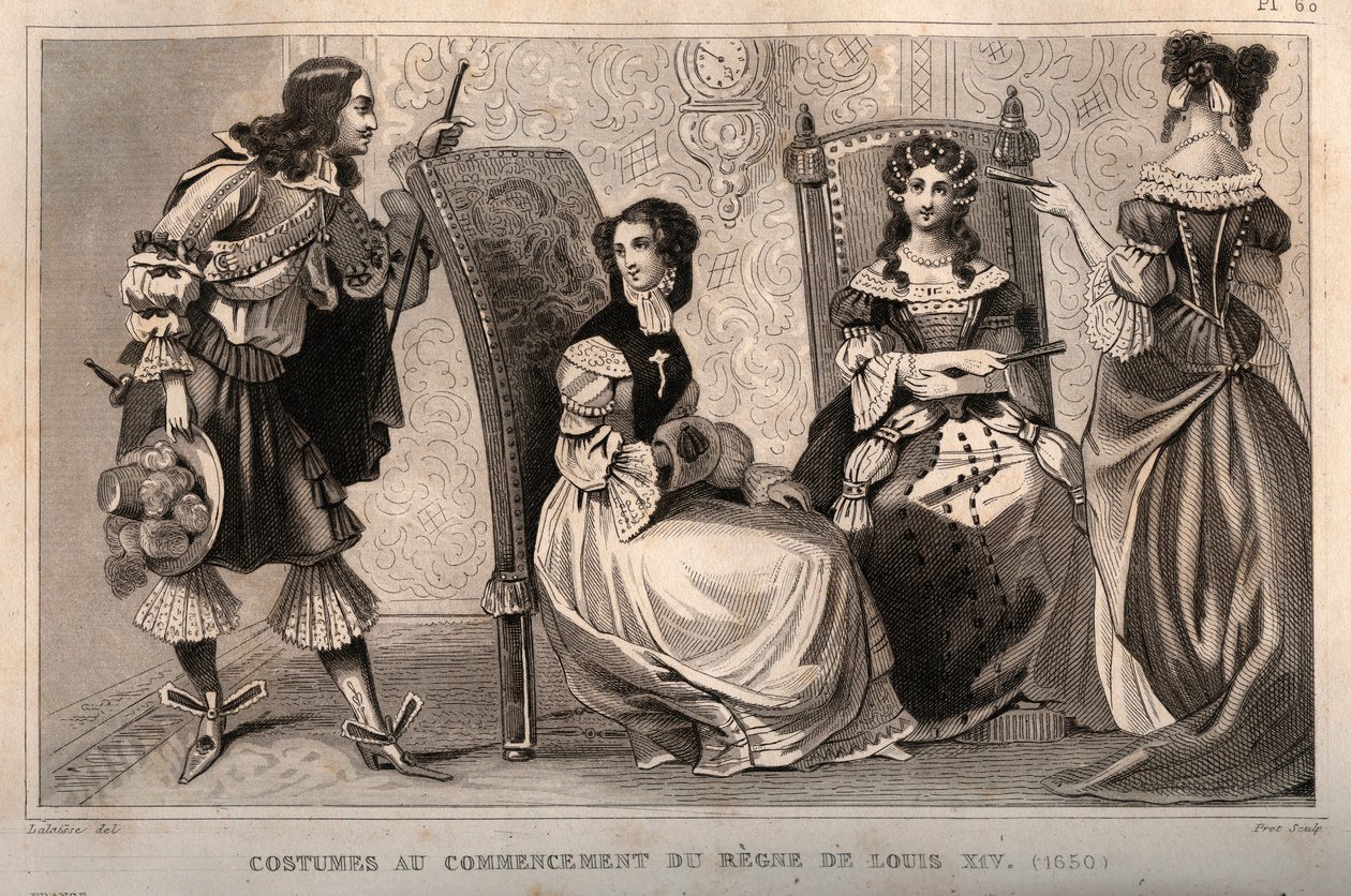 Kostuums aan het begin van het bewind van Lodewijk XIV (1650). Gravure uit 1859 in Le Monde. Geschiedenis van alle volkeren vanaf de vroegste tijden tot heden. door M. E. de Lostalot-Bachoue. Privécollectie. door Anonymous Anonymous