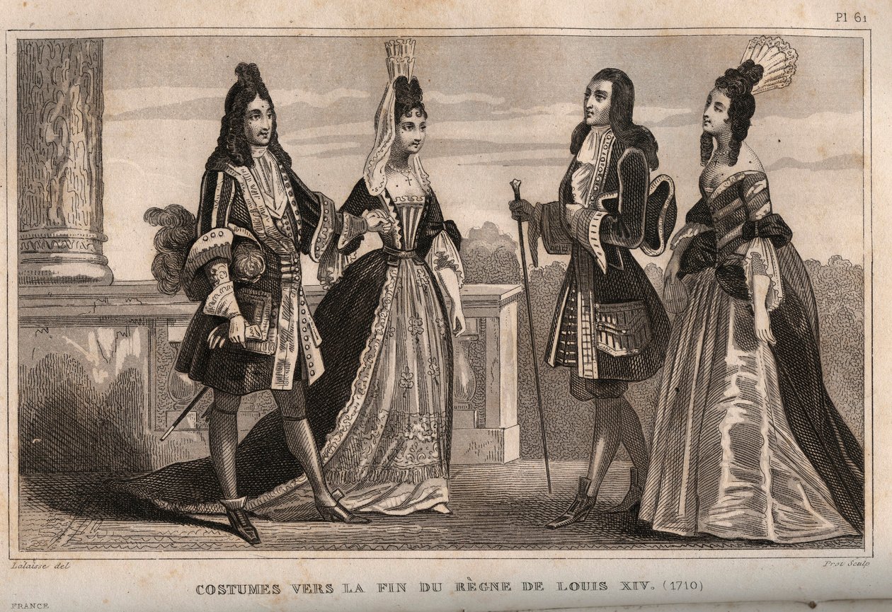 Kostuums tegen het einde van de regeerperiode van Koning Lodewijk XIV (1710). Gravure uit 1859 in 