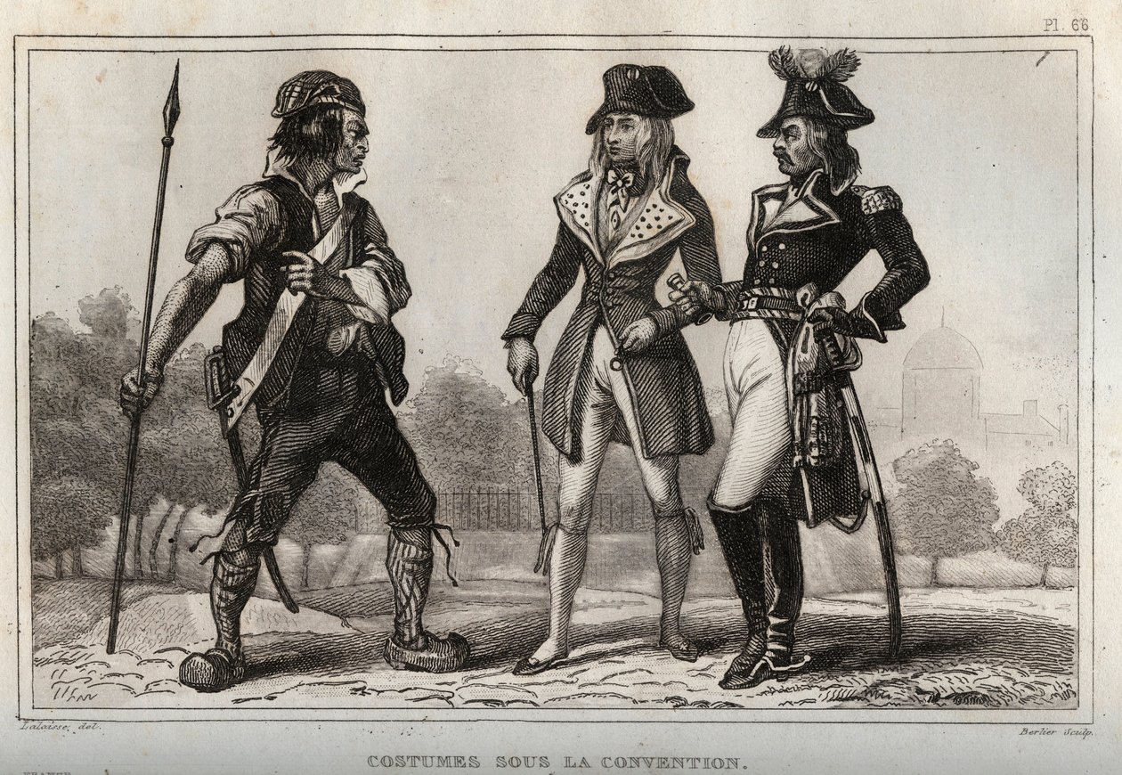 Kostuums onder de Conventie. Gravure uit 1859 in Le Monde. Geschiedenis van alle volkeren vanaf de vroegste tijden tot heden. door M. E. de Lostalot-Bachoue. Privécollectie. door Anonymous Anonymous