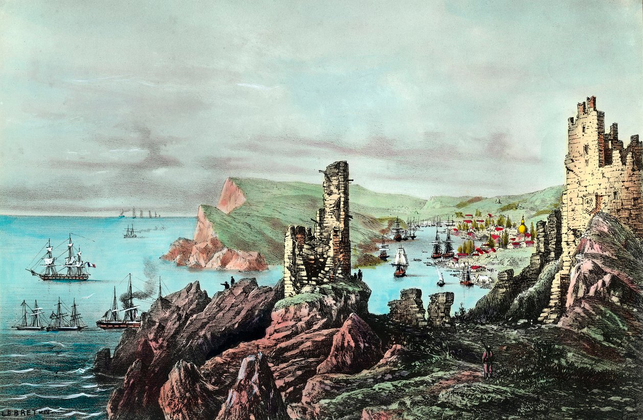 Krimoorlog: uitzicht op de haven van Balaklava in de Krim. Gravure rond 1854-1855. Privécollectie door Anonymous Anonymous