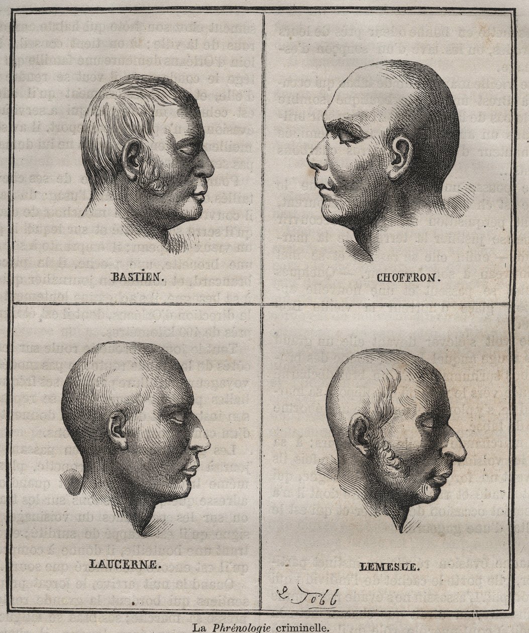 Criminele frenologie in de Brest Bagne (portretten die de fysiognomische kenmerken van verschillende soorten criminelen weergeven). Gravure in Histoire des bagnes depuis leur création à nos jours (1877) door Pierre Zaccone. door Anonymous Anonymous