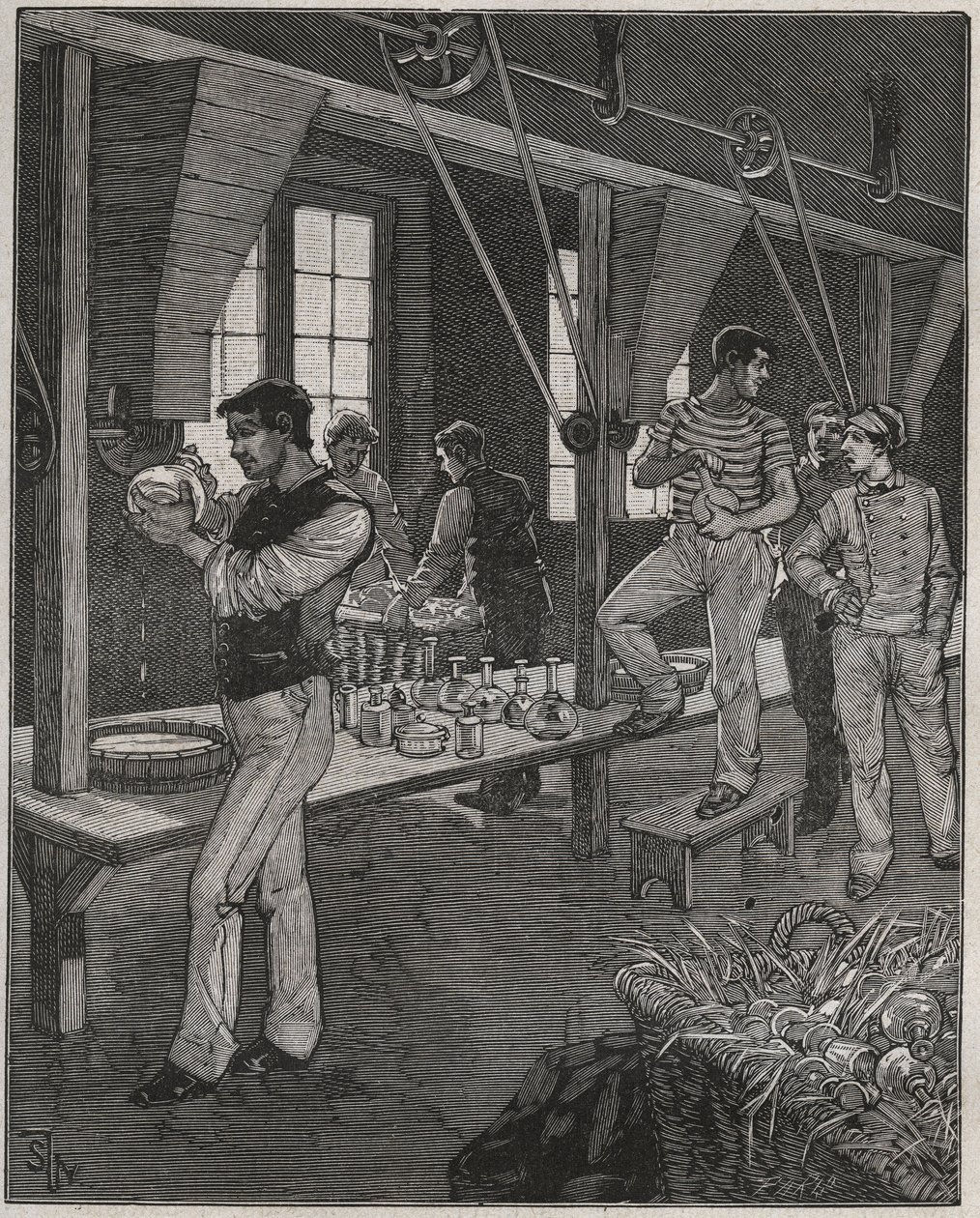 Kristalgraveerderswerkplaats in Frankrijk in de 19e eeuw. Gravure uit 1885 in 