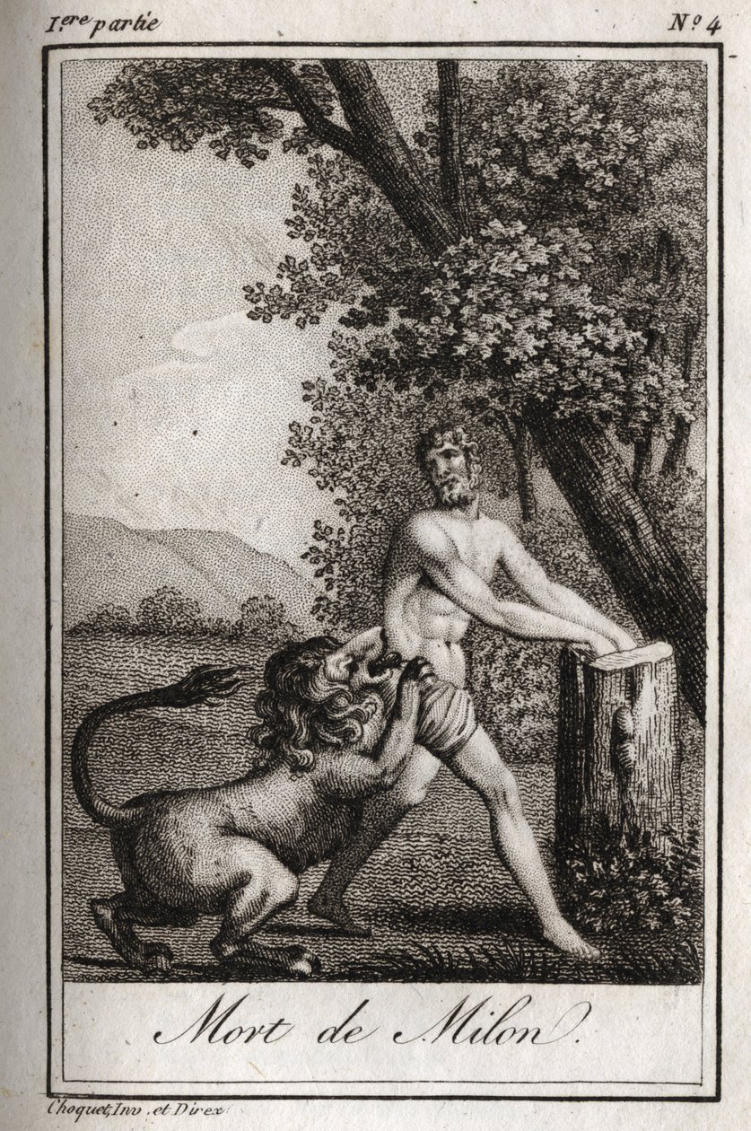 Dood van Milon de Crotone (Milo van Croton) verslonden door een wolf. Gravure uit 1819 in "Lettres à Emilie sur la mythologie" door Charles Albert Demoustier (1760-1801). Privécollectie. door Anonymous Anonymous