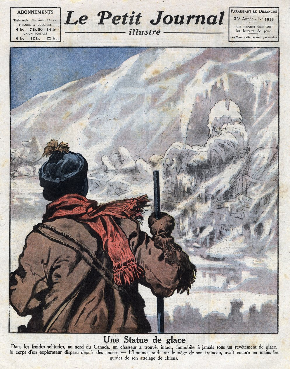 Ontdekking van het lichaam van een ontdekkingsreiziger in het ijs van Canada, jaren vermist. Illustratie uit 
