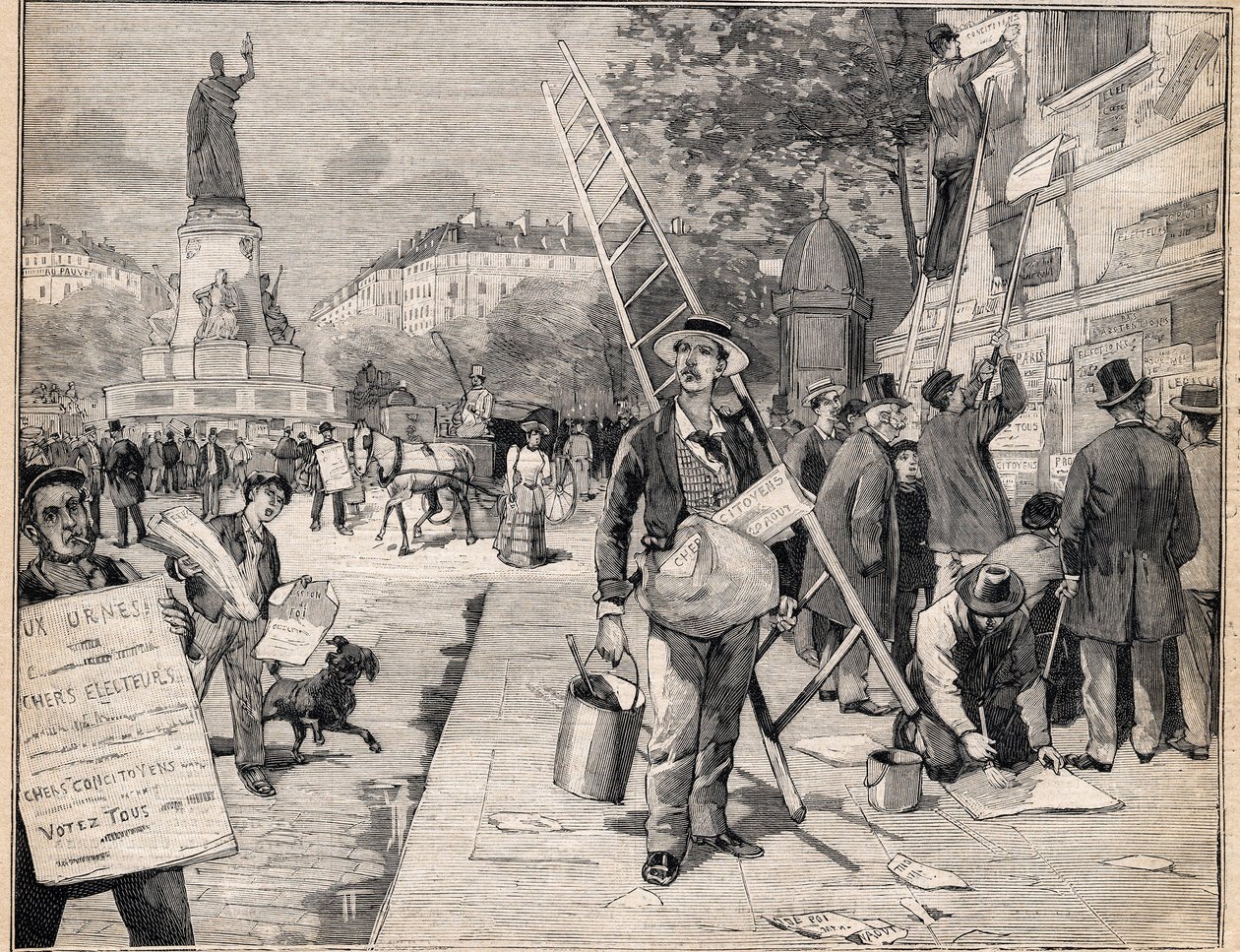 Aankondiging tijdens de verkiezingsperiode in Frankrijk. Gravure in 