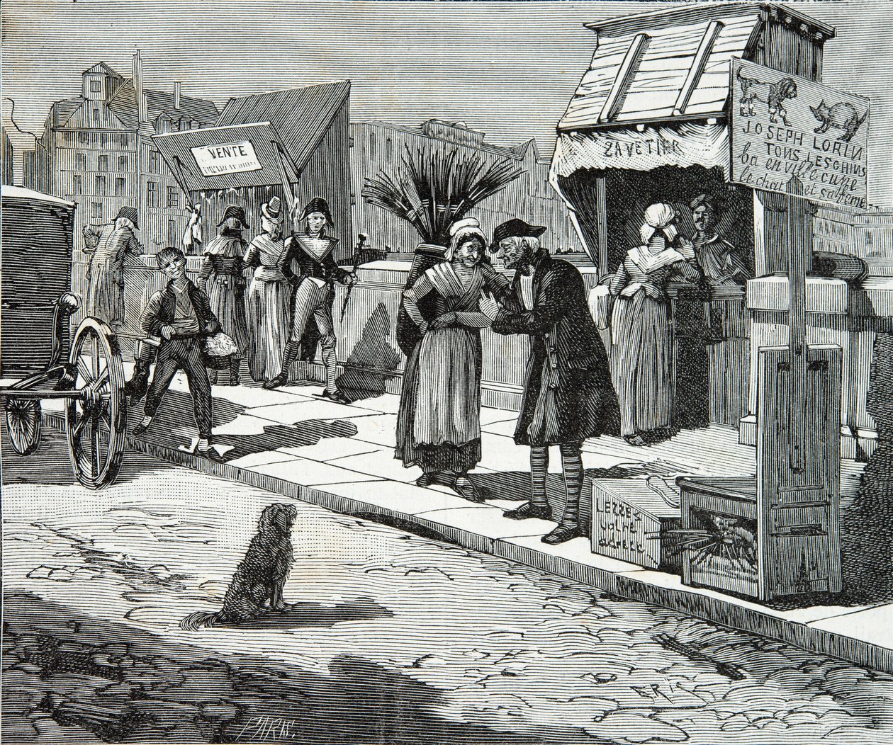 Hondentrimmers op de Pont Neuf in Parijs rond 1796, Gravure, Privécollectie door Anonymous Anonymous