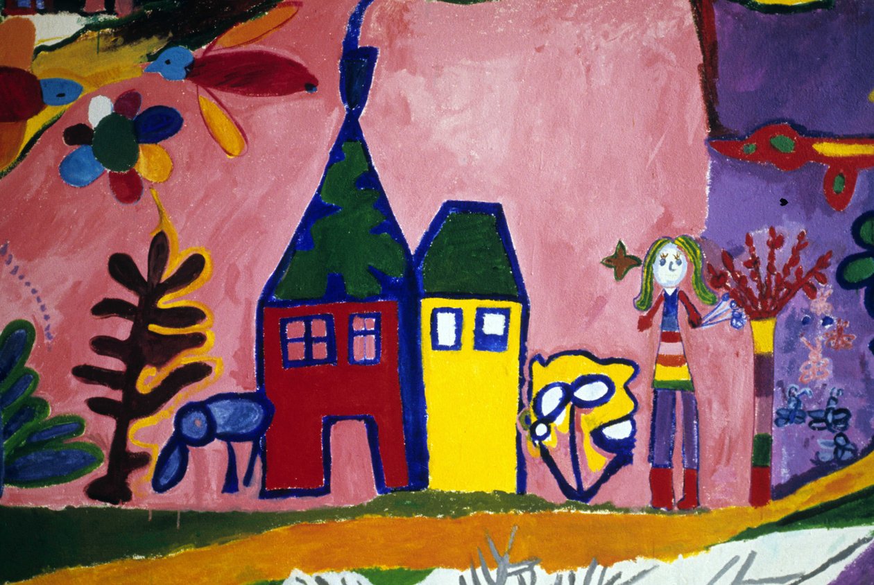 Tekening van kinderen van de Rousse Cross School die vogels, een meisje en een huis afbeelden. Saint Brieuc, Saint-Brieuc. door Anonymous Anonymous
