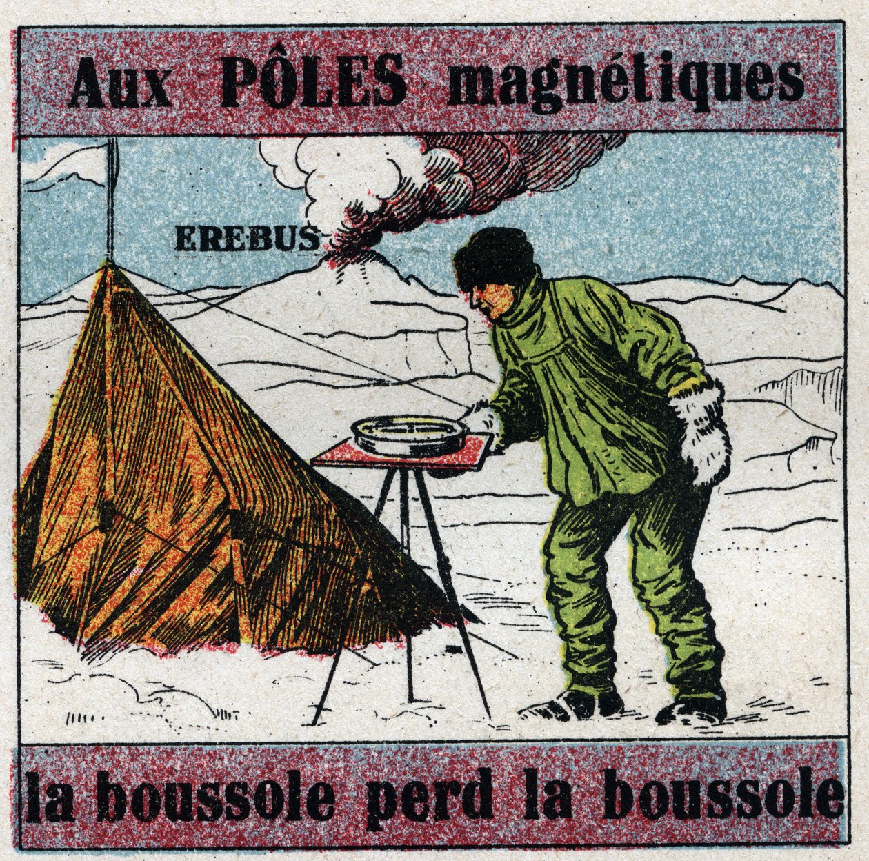 Aardmagnetisme: bij magnetische polen verliest het kompas zijn richting. Wetenschapper James Clark Ross (1800-1862) gebruikt een kompas tijdens zijn wetenschappelijke expeditie naar Antarctica. Achter hem de Erebus vulkaan die hij ontdekte in 1841. Anoniem door Anonymous Anonymous