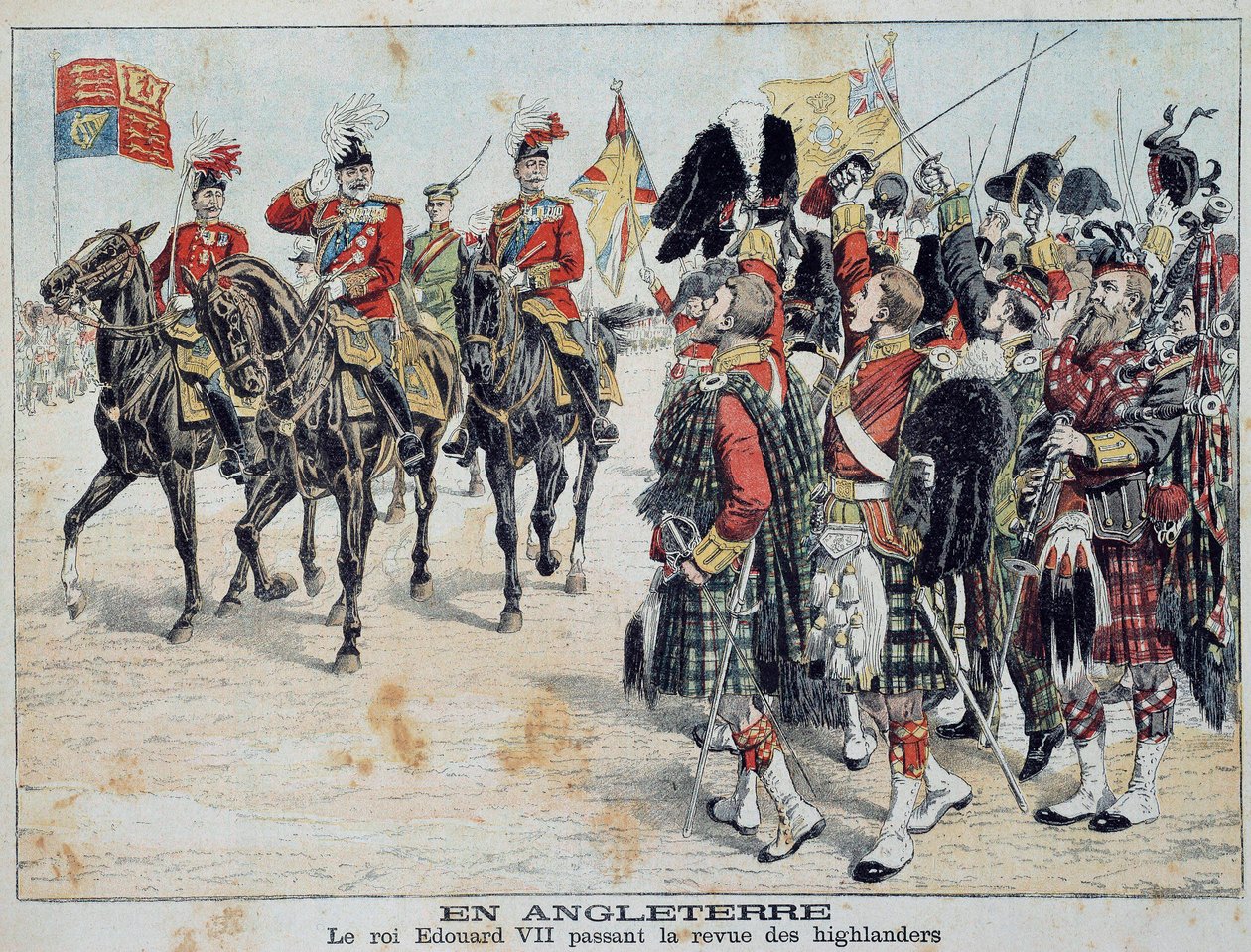 Edward VII (1841-1910) koning van Engeland inspecteert de Schotse Hooglanders Illustratie uit de illustere bijlage van het Little Diary 1905 Privécollectie door Anonymous Anonymous