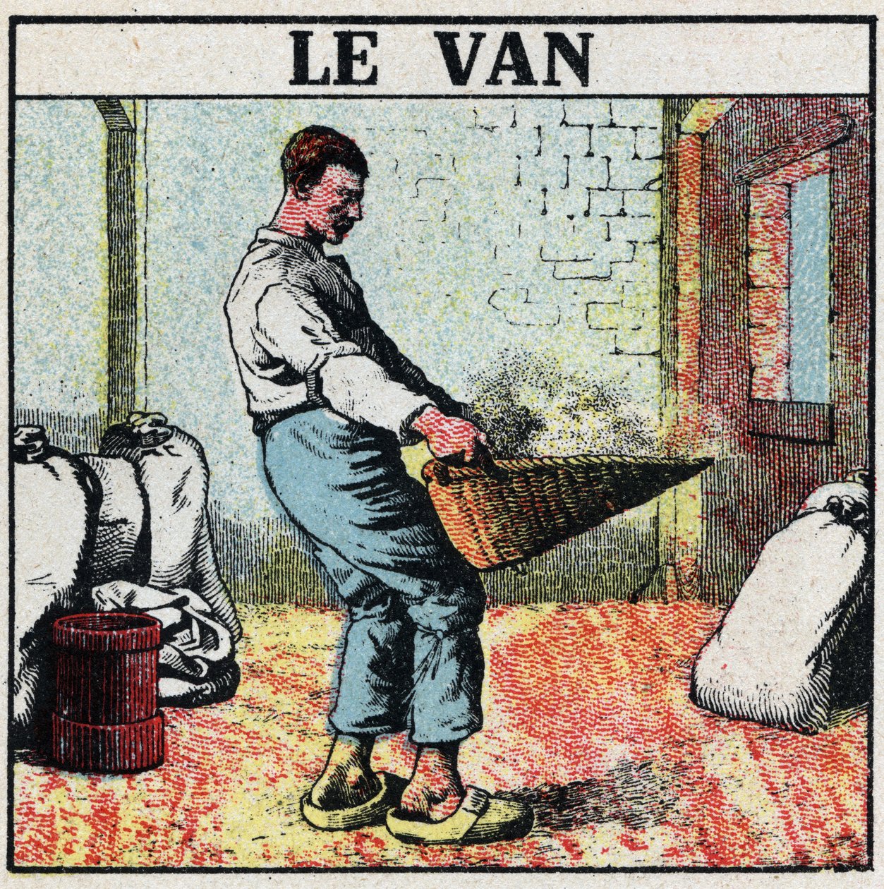 Elektrische gereedschappen: de mand of rieten mand gebruikt om graan te vegen voor de uitvinding van elektrische machines. Anonieme illustratie uit 1925. Privécollectie. door Anonymous Anonymous