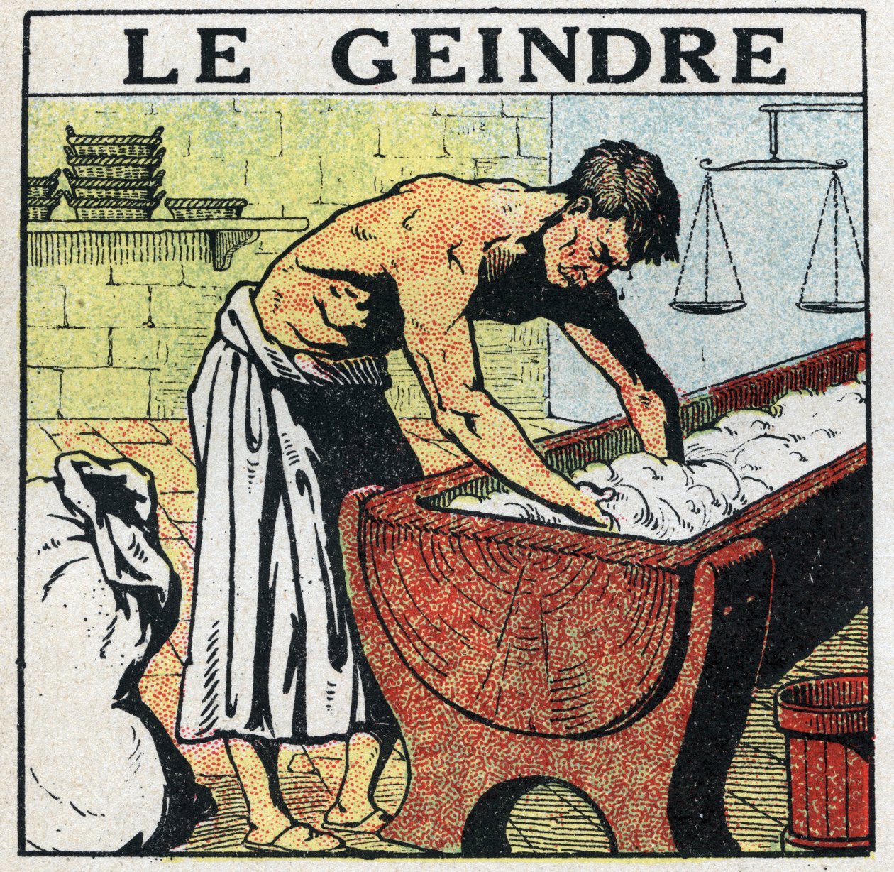 Elektrische gereedschappen: het gejammer of de assistent van de bakker wiens beroep het was om de pulp te schillen vóór de uitvinding van elektrische petrins. Anonieme illustratie uit 1925. Privécollectie. door Anonymous Anonymous