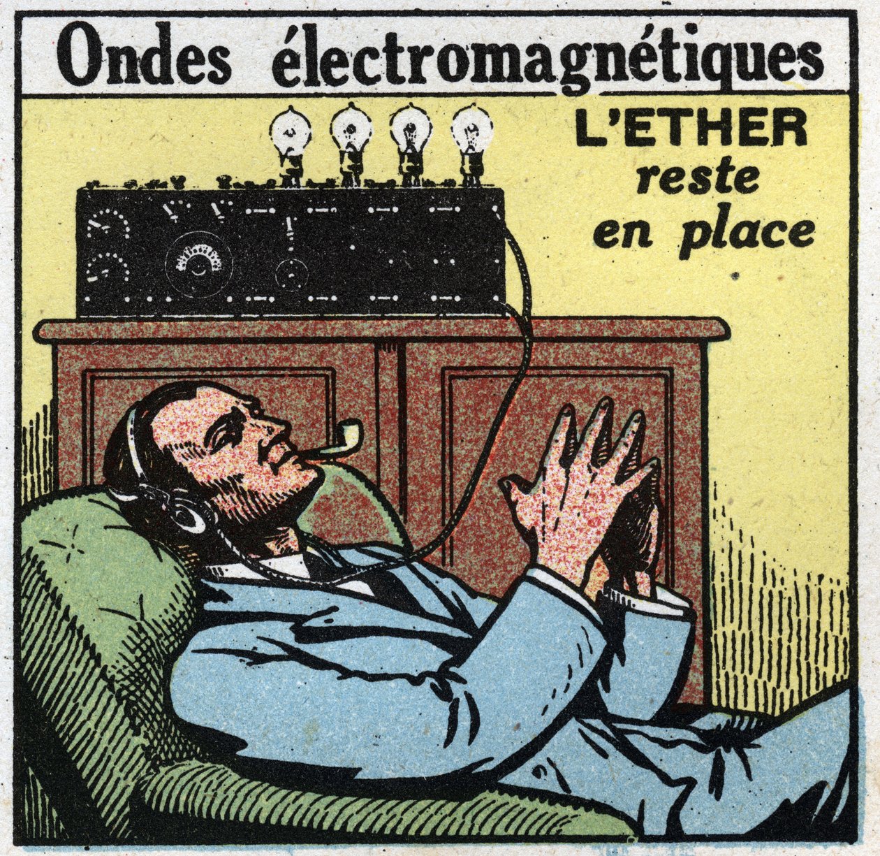Elektrische verschijnselen: als de ether op zijn plaats blijft, geeft de trillingsbeweging de elektromagnetische golven die in de T.S.F. worden gebruikt. Anonieme illustratie uit 1925. Privécollectie. door Anonymous Anonymous