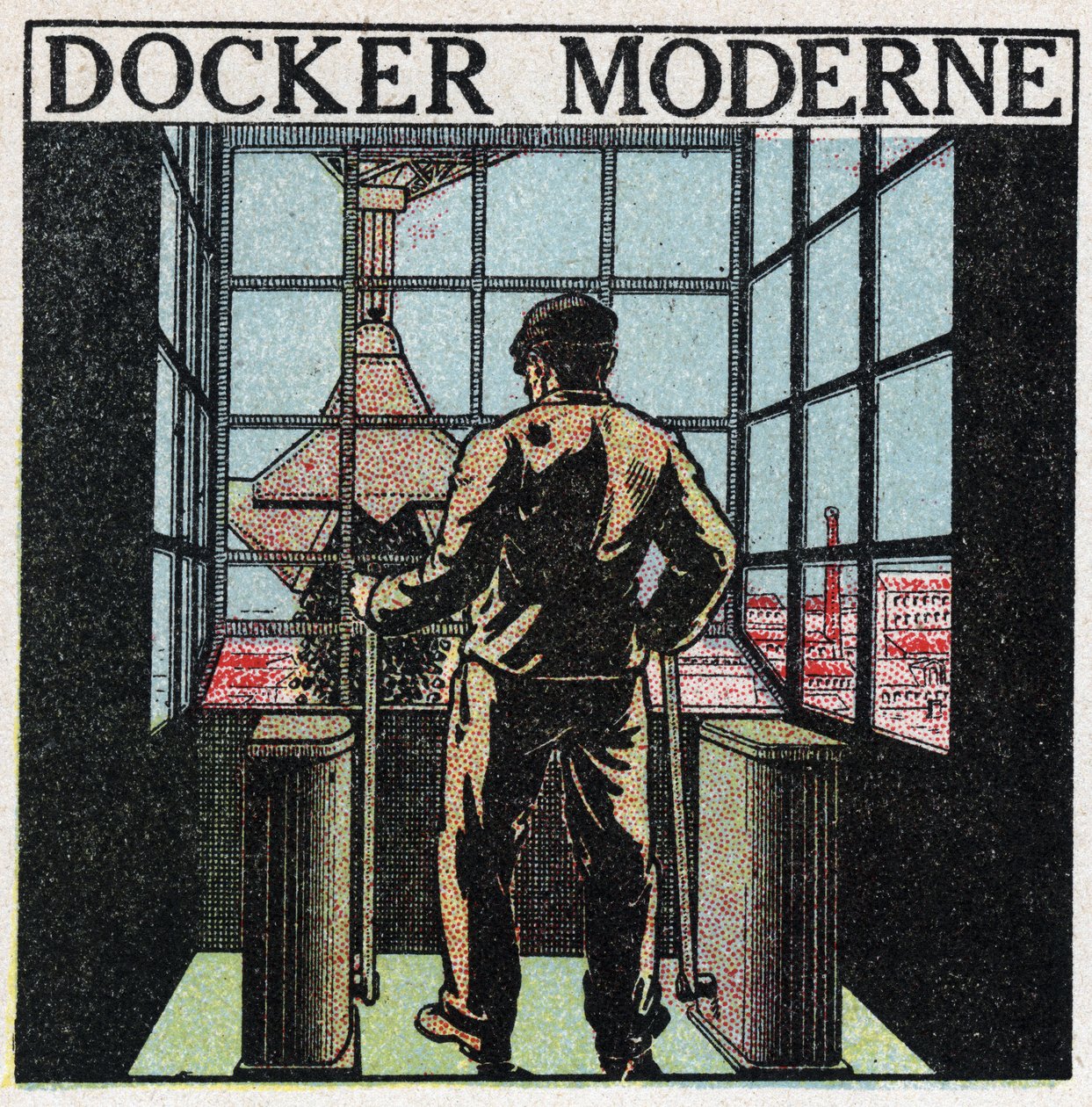 Elektrische gereedschappen: moderne havenarbeider (jaren 1920). Anonieme illustratie uit 1925. Privécollectie. door Anonymous Anonymous