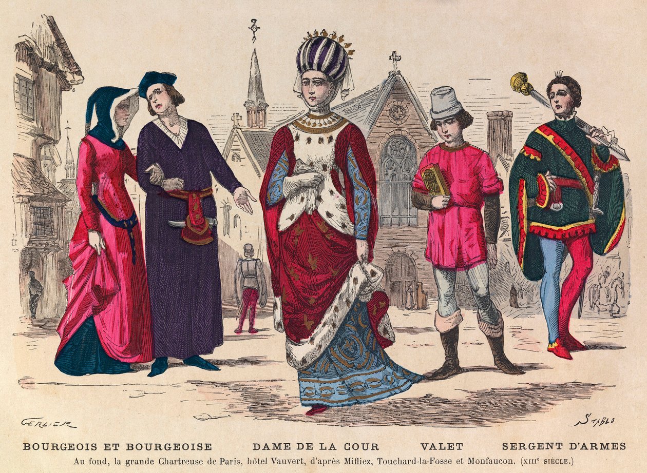 Bourgeois en bourgeoise, dame van het hof, knecht, sergeant-at-arms in Parijs in de 13e eeuw door Anonymous Anonymous