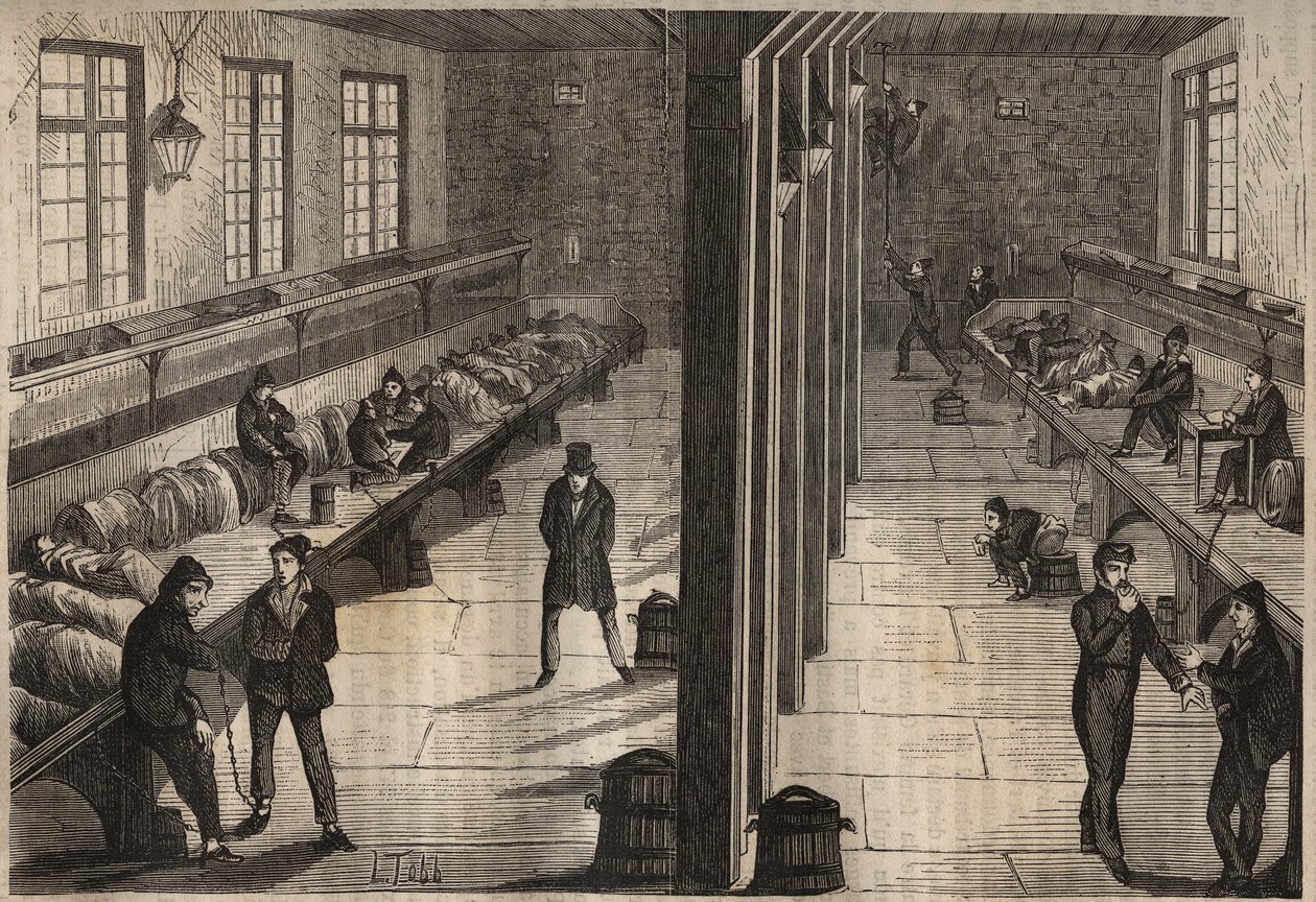 Ontsnapping van drie veroordeelden in de kamer Saint Gilles van de bagne de Rochefort op 28 december 1840. Gravure in 