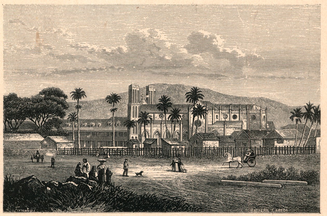 Buitenaanzicht van de kathedraal van Port of Spain (Port of Spain) in Trinidad (Trinidad en Tobago, Trinidad en Tobago). Gravure in “Les Missions Catholiques au XIXème Siècle” door Louis-Eugène Louvet. Privécollectie door Anonymous Anonymous