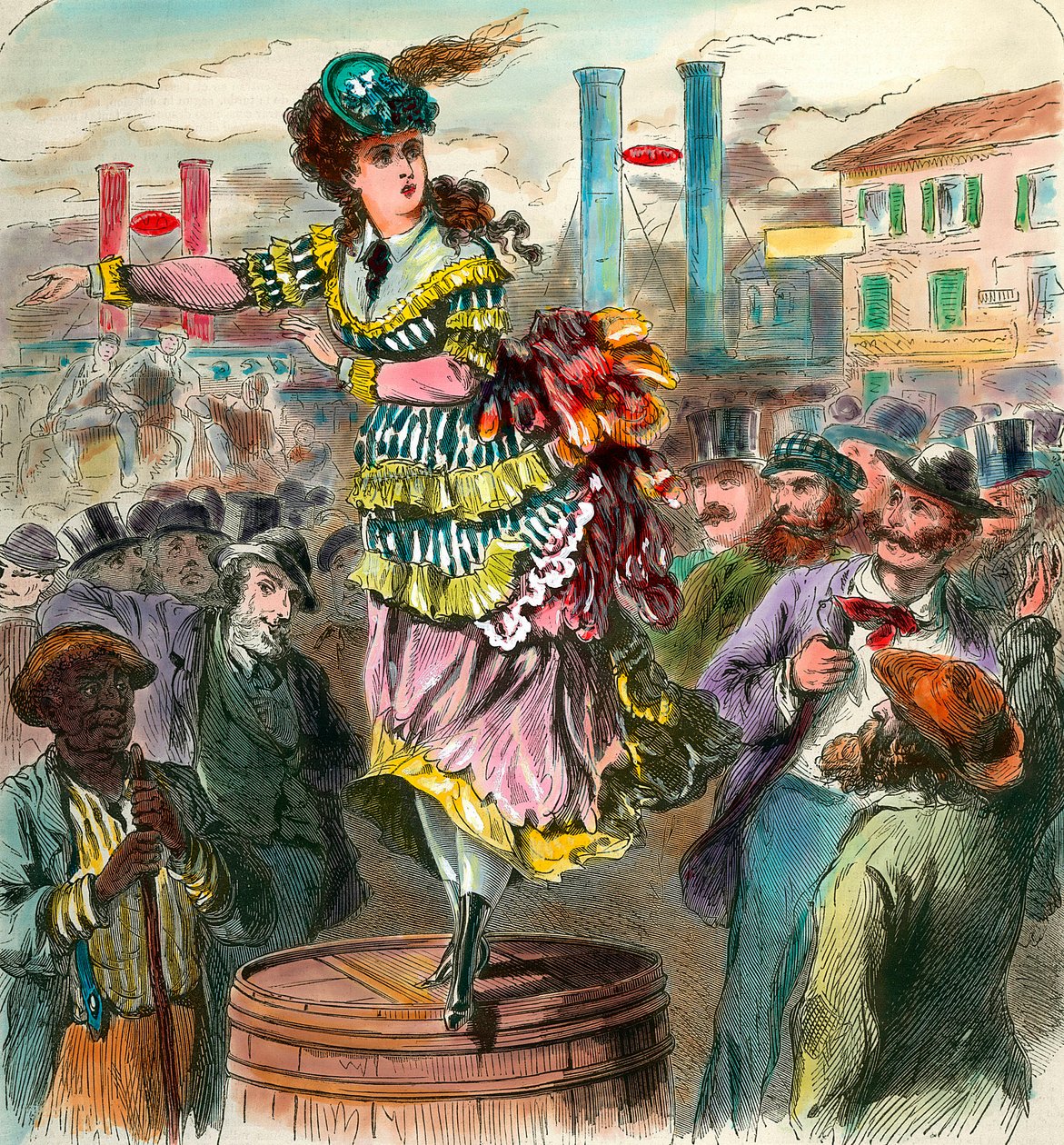 Feminisme: Toespraak voor vrouwenemancipatie in de Verenigde Staten. Een jonge vrouw die op een vat staat, eist vrouwenrechten. Gravure uit de 19e eeuw. Privécollectie door Anonymous Anonymous