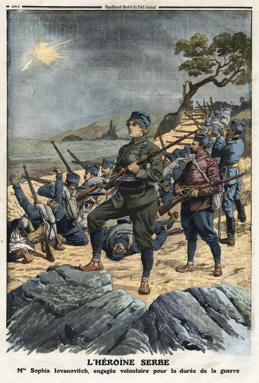 Eerste Balkanoorlog: portret van Sophia Yovanovich, een jonge Servische vrouw die vrijwillig tegen Turkije vocht. Illustratie uit Le Petite Journal 01/12/1912. Privécollectie door Anonymous Anonymous
