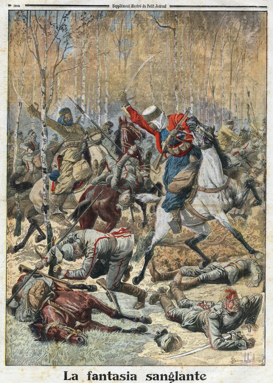 Eerste Wereldoorlog 1914-1918: "De Bloederige Fantasie". In het bos vecht een troep van dertig uhlanen (Duitse ruiters met een speer) tegen acht Algerijnse spahis. Gravure in "Le Petit Journal", op 28/11/1915. Privécollectie. door Anonymous Anonymous