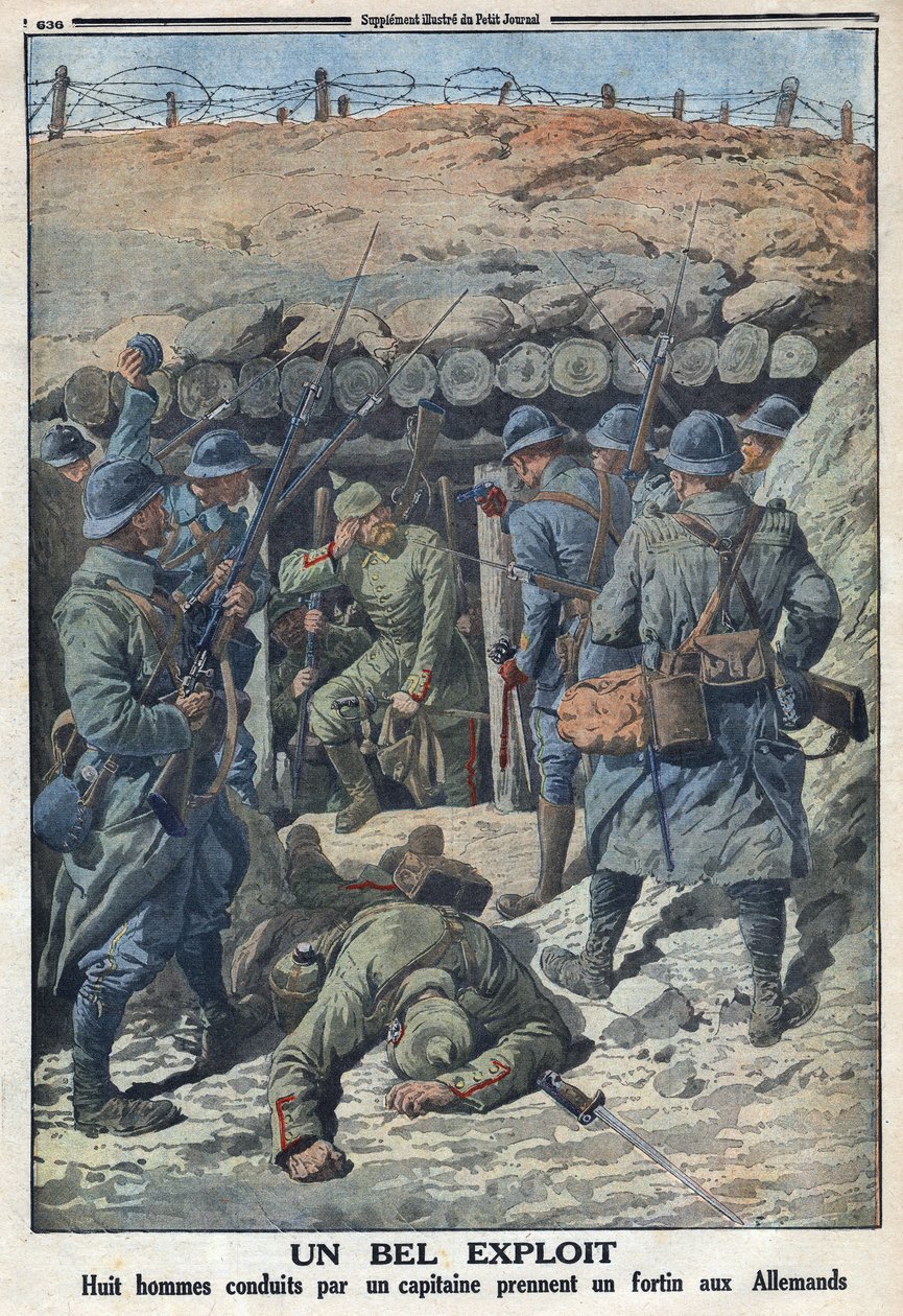 Eerste Wereldoorlog 1914-1918. Acht soldaten van het Franse leger onder leiding van een kapitein namen een fort van de Duitsers in. In 