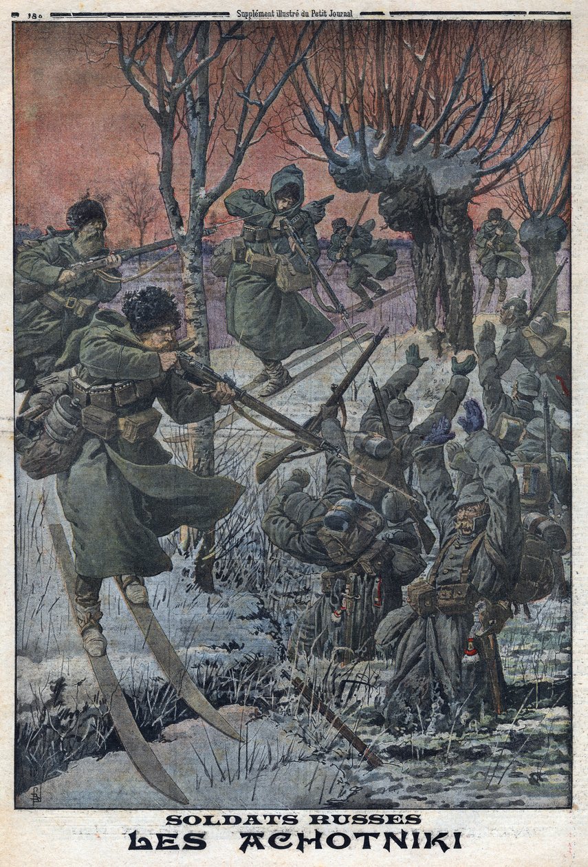 Eerste Wereldoorlog 1914-1918. Russische soldaten Ahotniki op ski