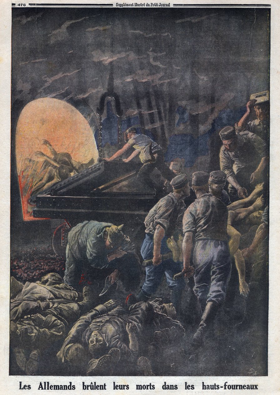 Eerste Wereldoorlog 1914-1918. De Duitsers verbranden dode soldaten in de ovens. In "Le Petit Journal", op 23/04/1916. Privécollectie door Anonymous Anonymous