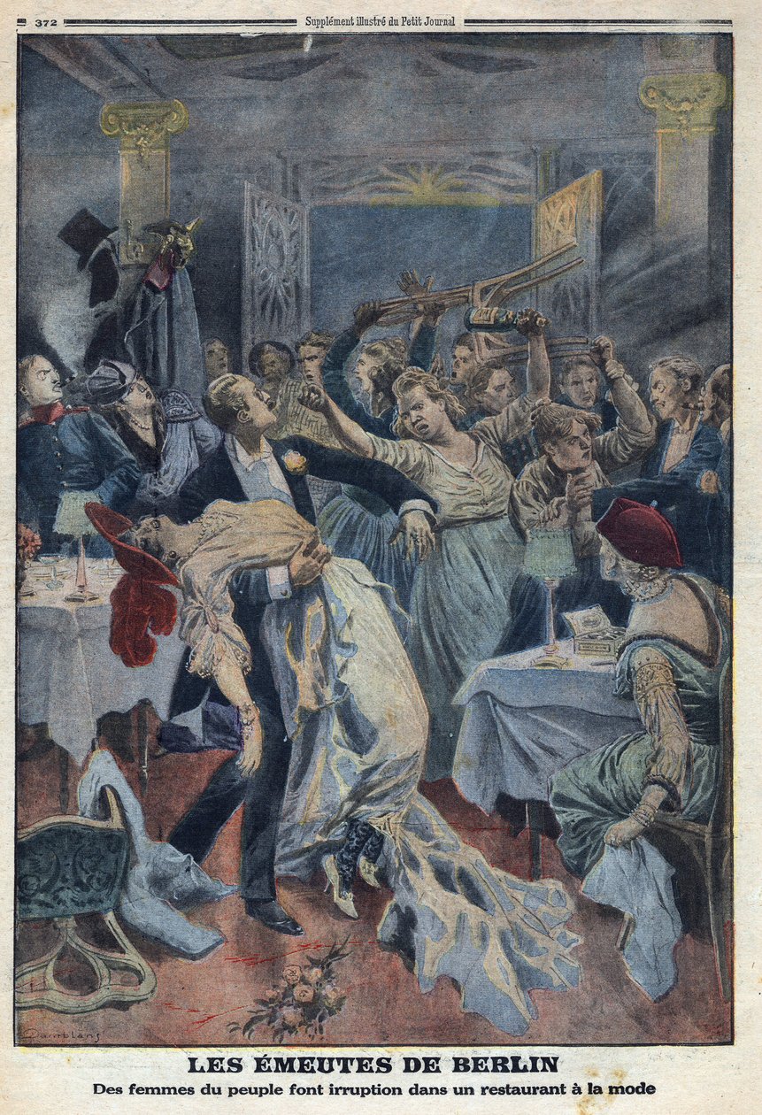 Eerste Wereldoorlog 1914-1918. De vrouwen van het volk dringen een chique restaurant binnen en eisen de terugkeer van hun echtgenoten. In 