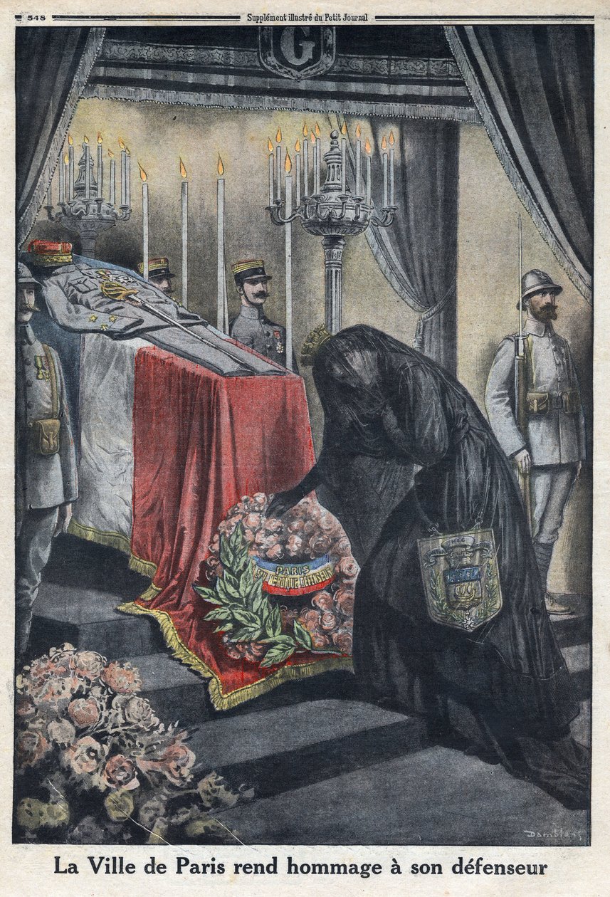 Eerste Wereldoorlog 1914-1918. Eerbetoon van de stad Parijs aan generaal Joseph Simon Gallieni (1849-1916) die de stad verdedigde. In 