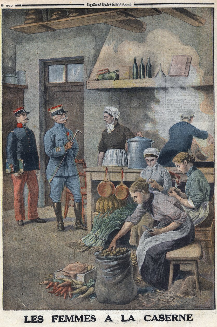 Eerste Wereldoorlog 1914-1918. Vrouwen bereiden voedsel in de kazernekeukens. Drie koks in de aardappelcorvee, schillen de aardappelen. In 